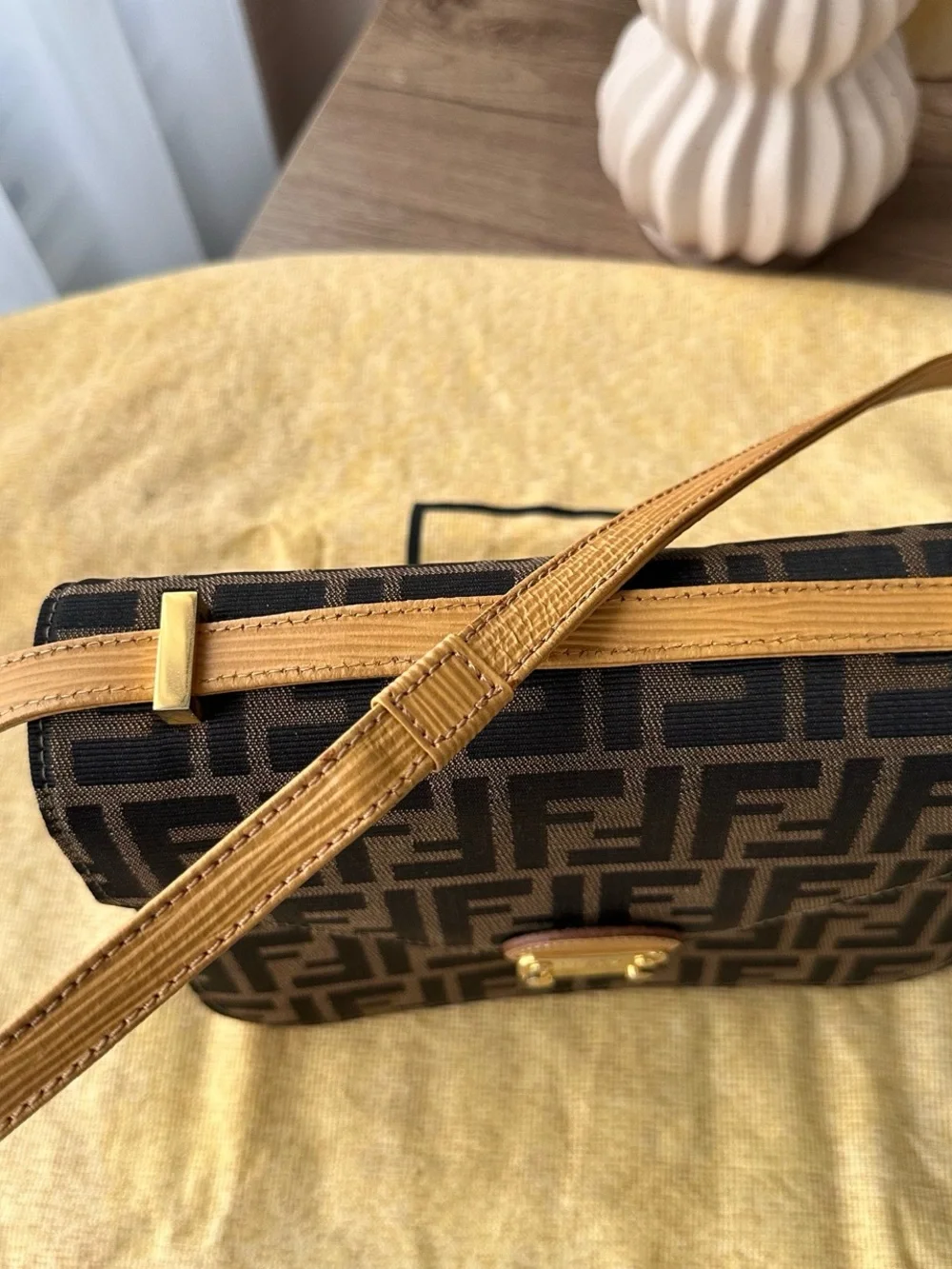 Fendi Brown FF Monogram Shoulder Bag with Tan Leather Strap